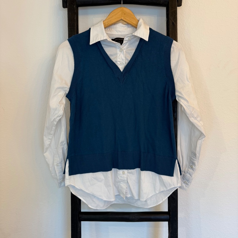 Ann Taylor Layered Sweater Vest White Button Down Shirt Navyj Blue S